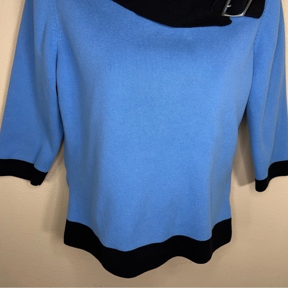 MEDIUM VINTAGE BLUE BLACK COWL NECK KNIT TOP STRETCH 3/4 SLEEVE RETRO - Picture 6 of 10